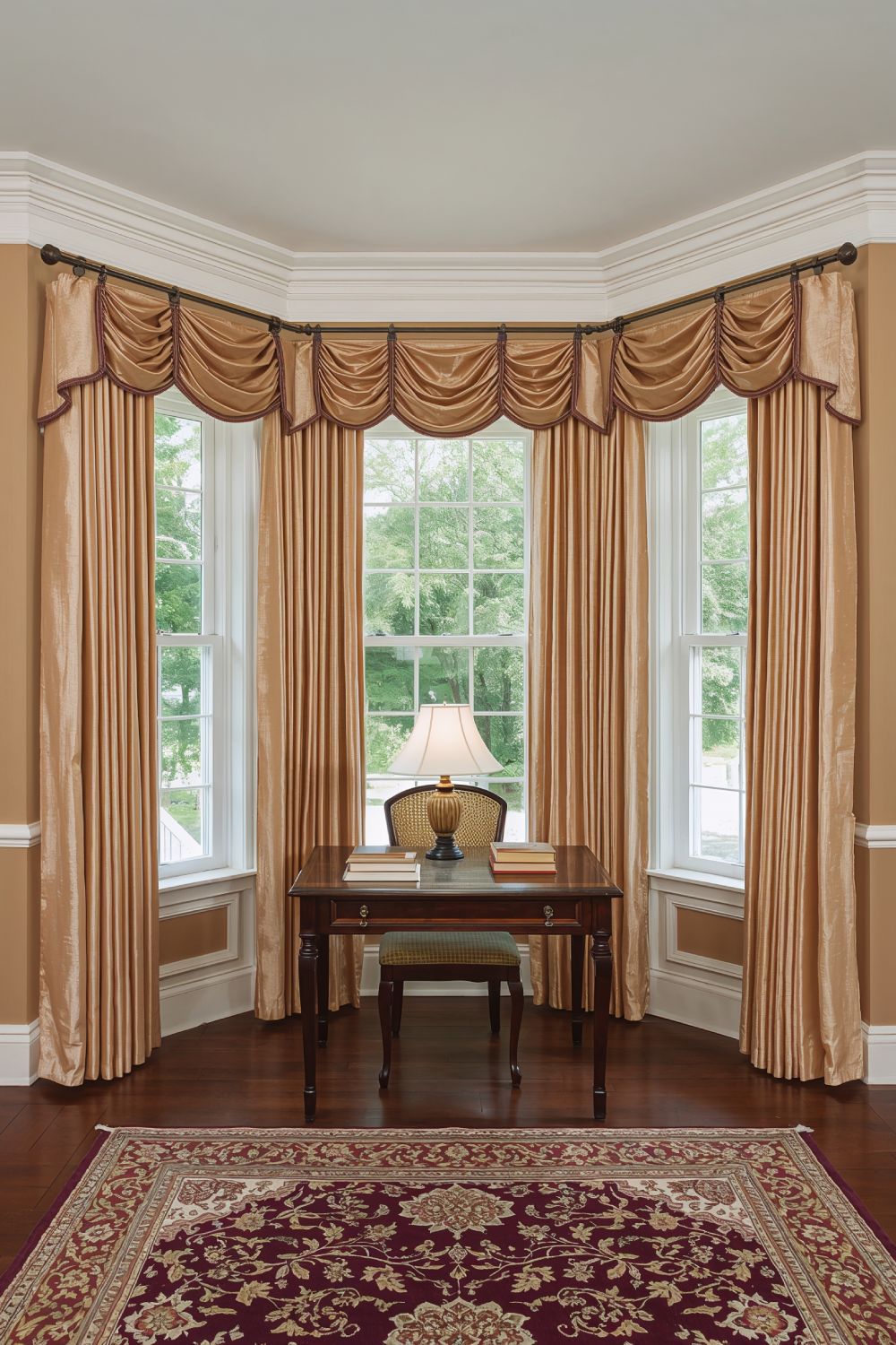 Traditional Pinch Pleat Silk Drapes On Bay Window