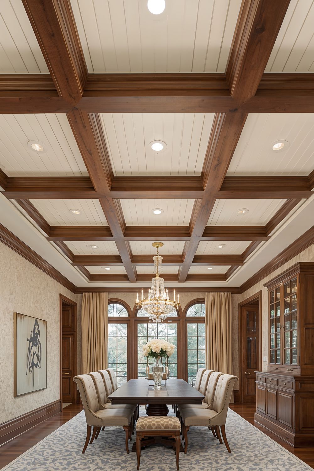 Two Tone Coffered Shiplap Ceiling Dining Room Elegant Design