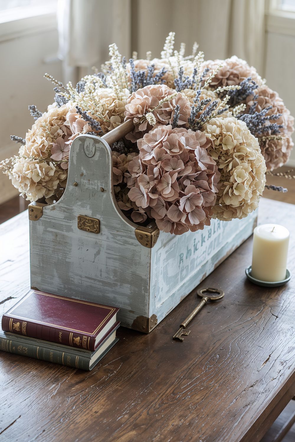 Vintage Toolbox Dried Hydrangea Farmhouse Coffee Table Centerpiece