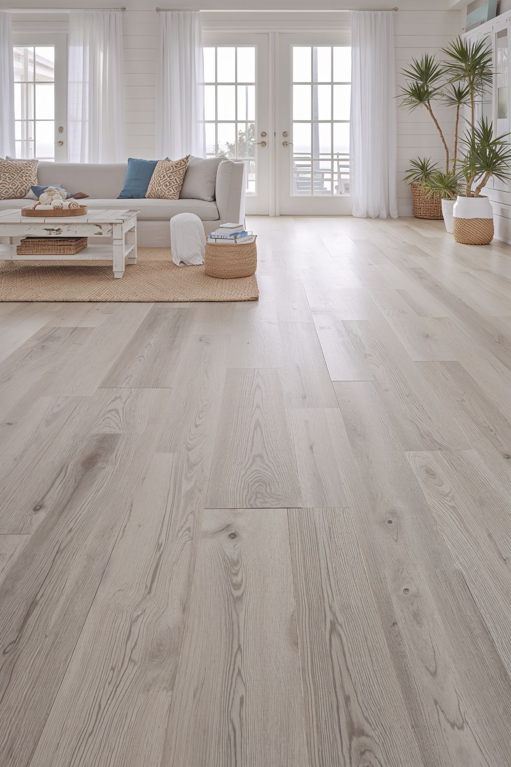 Weathered Driftwood Wood Look Porcelain Tile Floor In Coastal Living Room