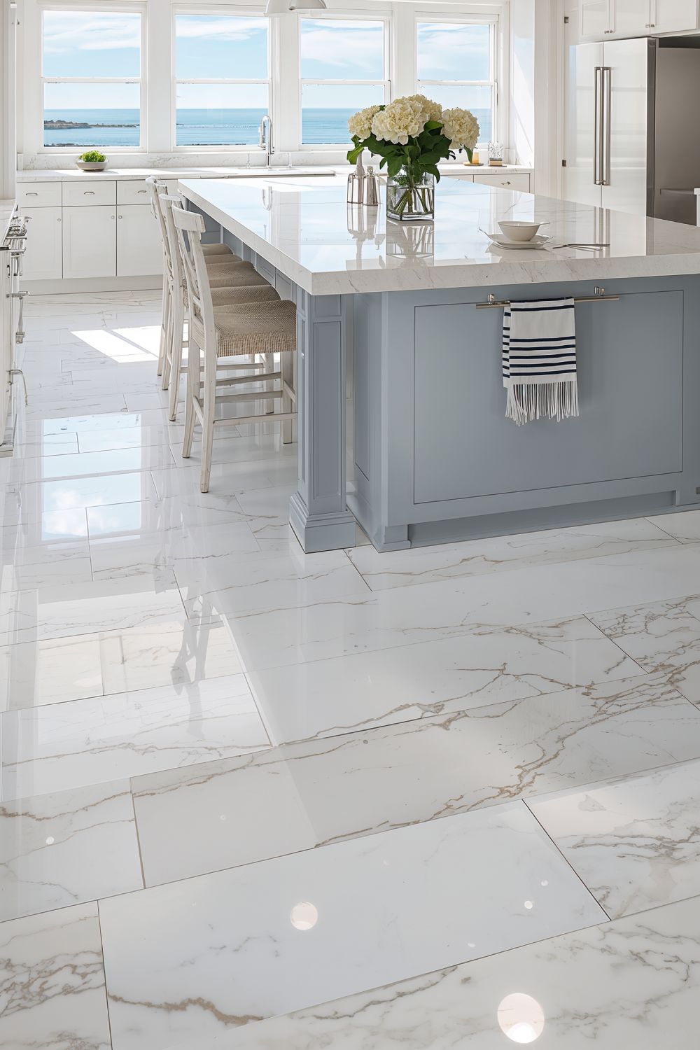 White Carrara Marble Look Porcelain Tile Flooring For Elegant Coastal Homes
