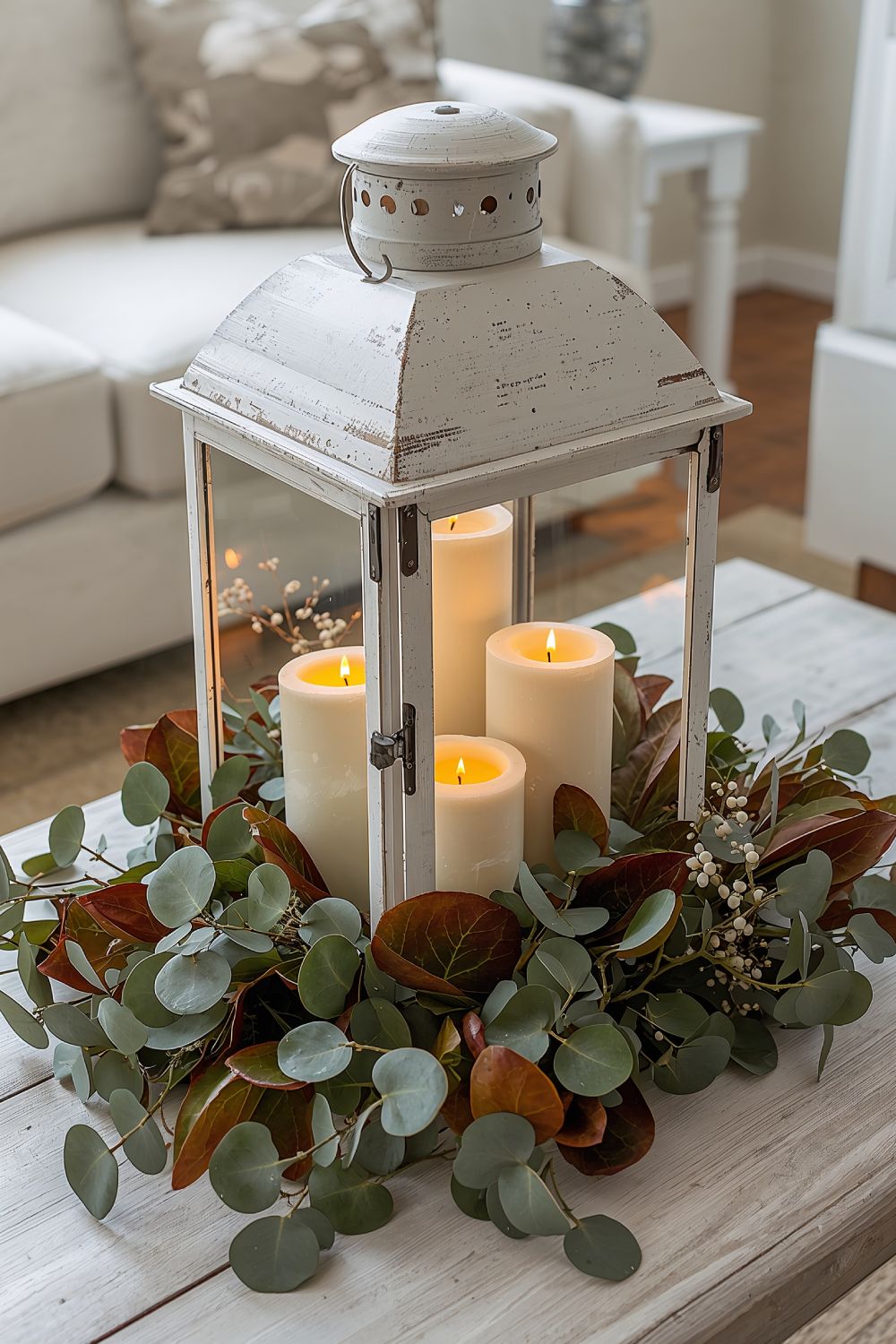 White Metal Lantern Magnolia Leaves Farmhouse Centerpiece