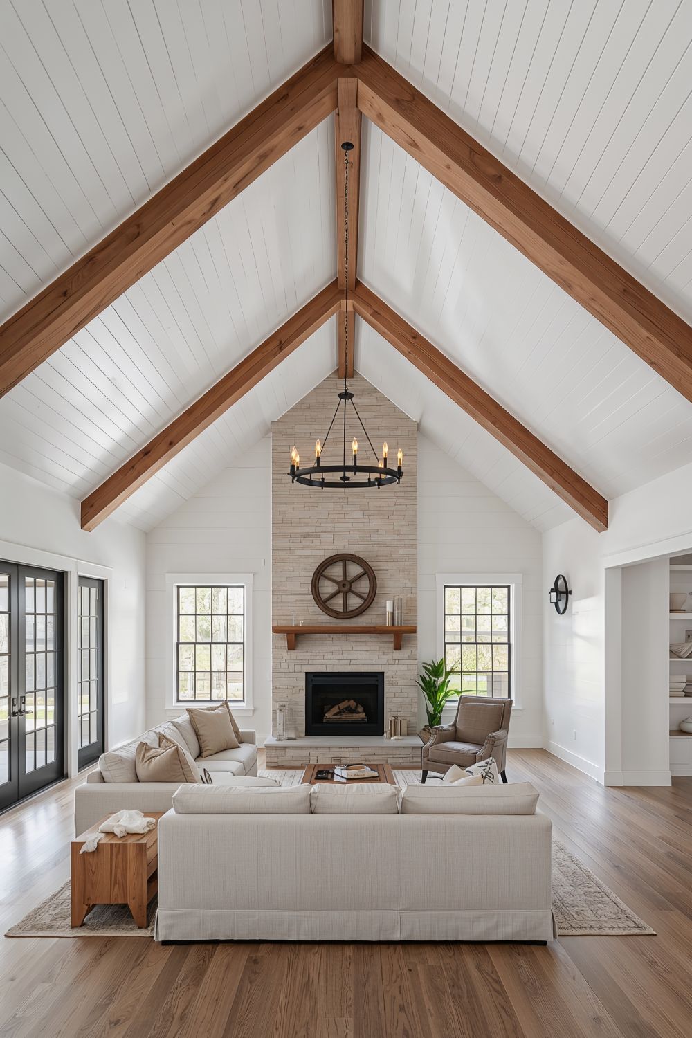 White Shiplap Ceiling With Wood Beams Living Room Farmhouse