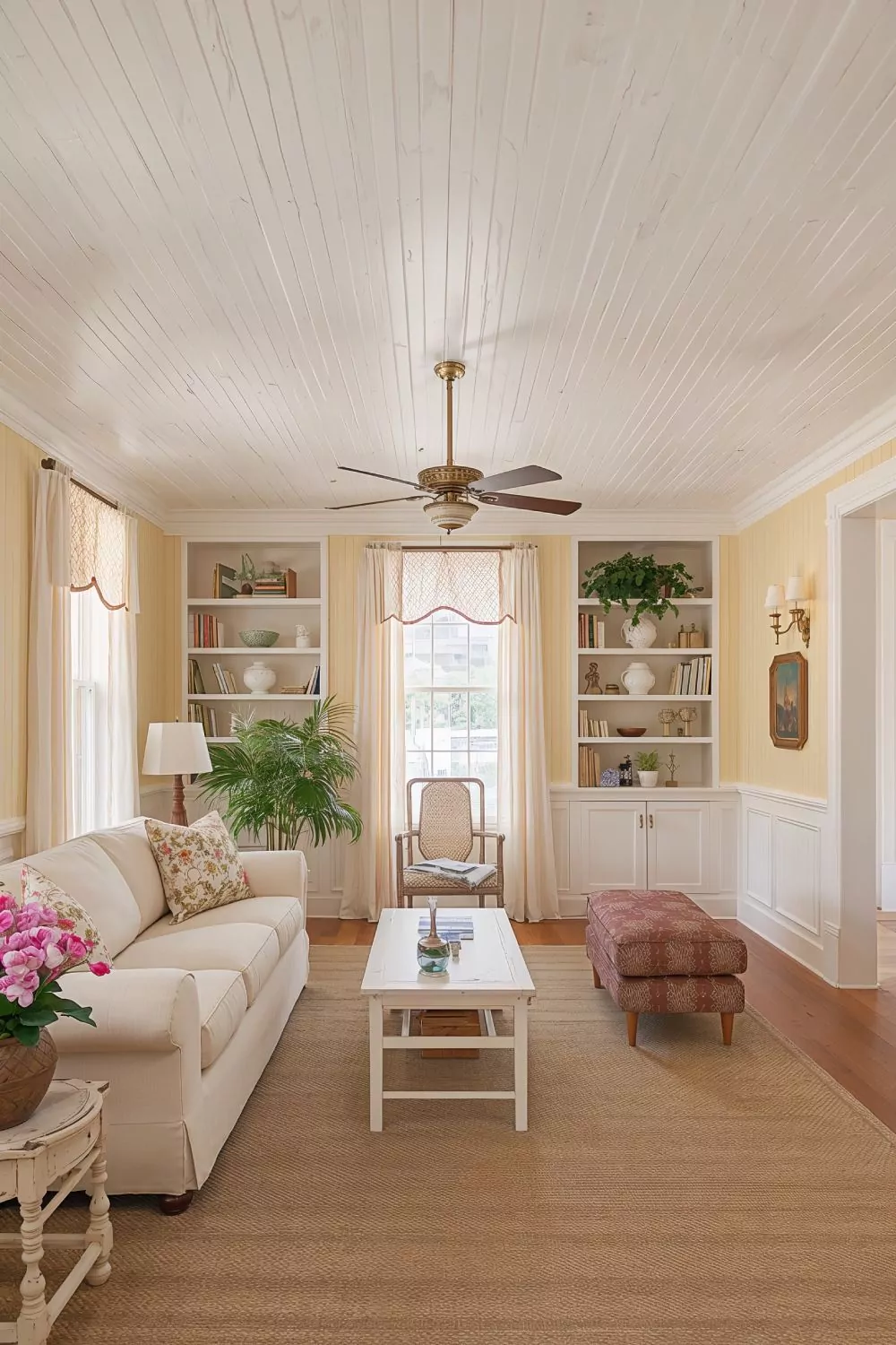 White Beadboard Wainscoting And Ceiling Combination In Farmhouse Living Room