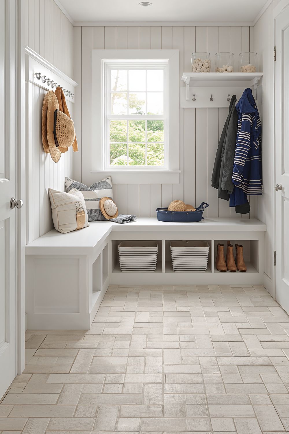 Whitewashed Brick Pattern Ceramic Tile Flooring For Coastal Cottage Mudrooms