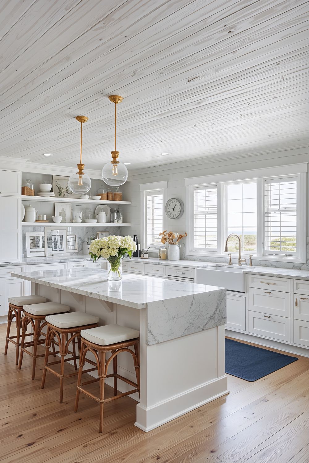 Whitewashed Shiplap Ceiling Coastal Kitchen White Cabinets