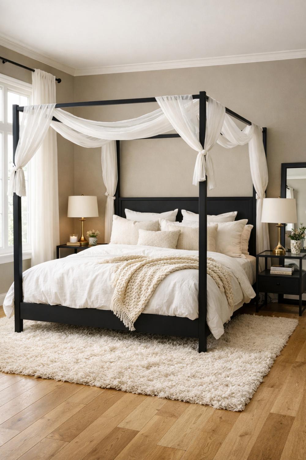 Black Four Poster Bed With White Bedding Moody Bedroom