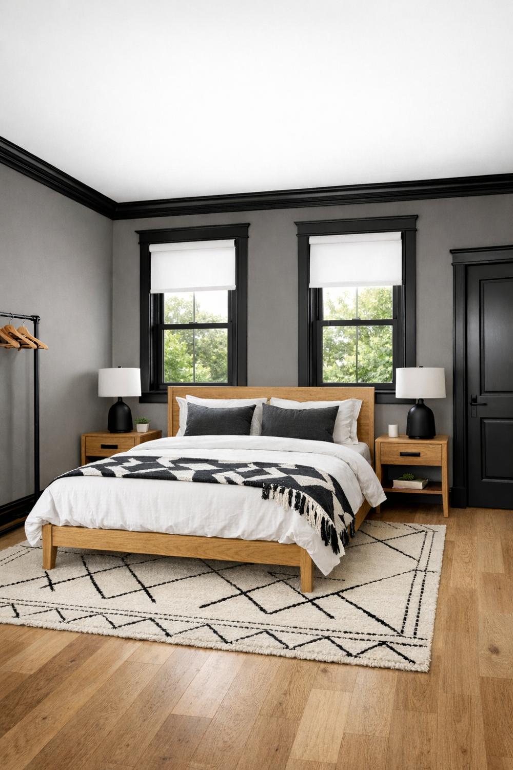 Black Window Frames Gray Walls Modern Moody Bedroom Design