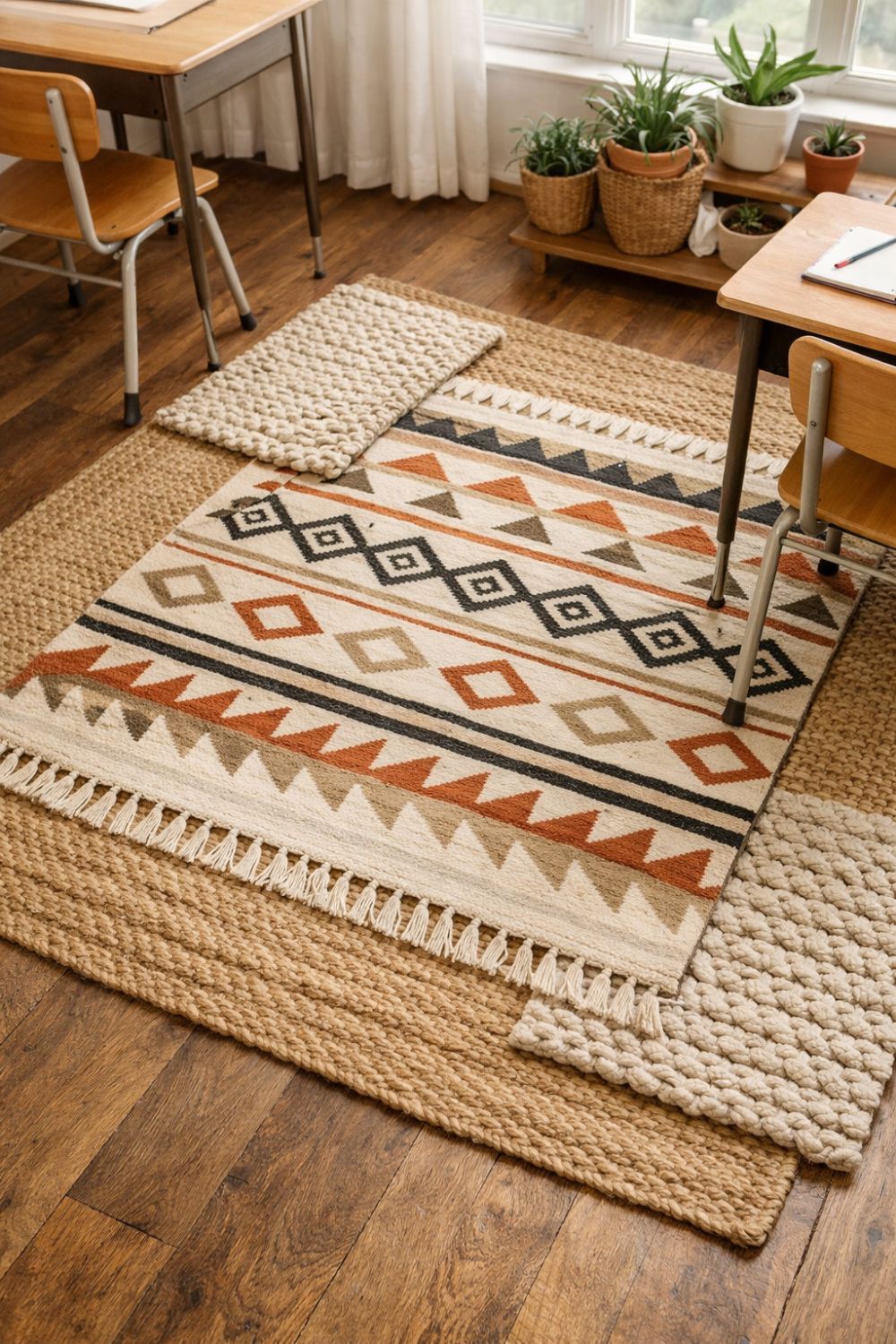 Boho Classroom Layered Woven Rugs Geometric Patterns