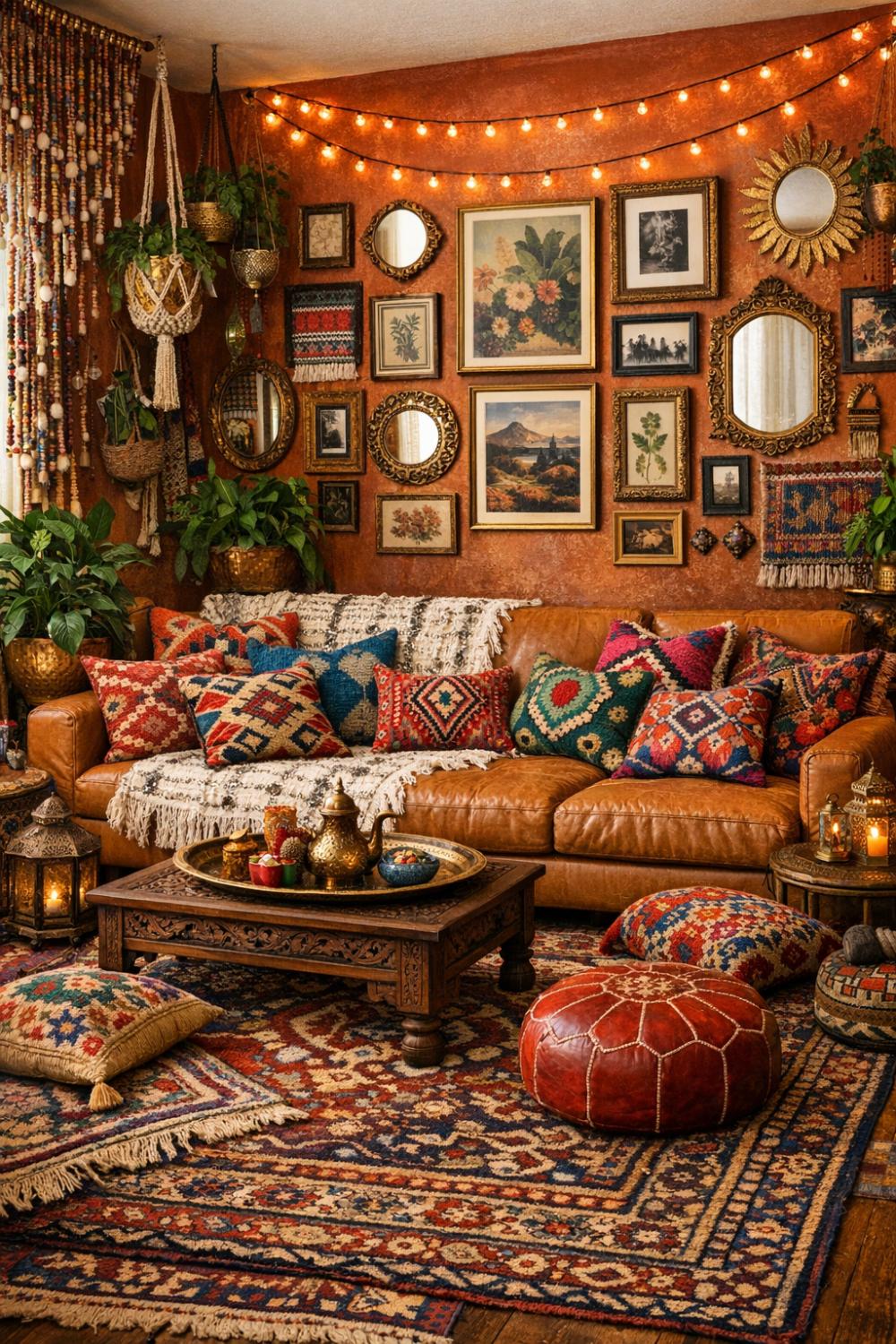 Boho Maximalist Tan Sofa With Vintage Persian Rug