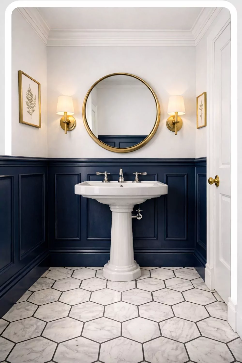 Bold Navy Blue Wainscoting Powder Room