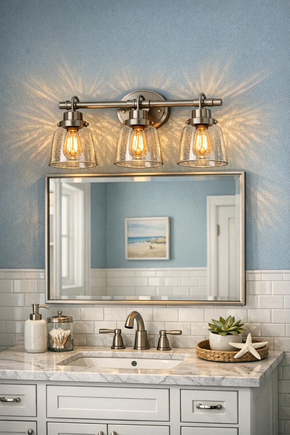 Brushed Nickel Nautical Vanity Light Over Bathroom Mirror