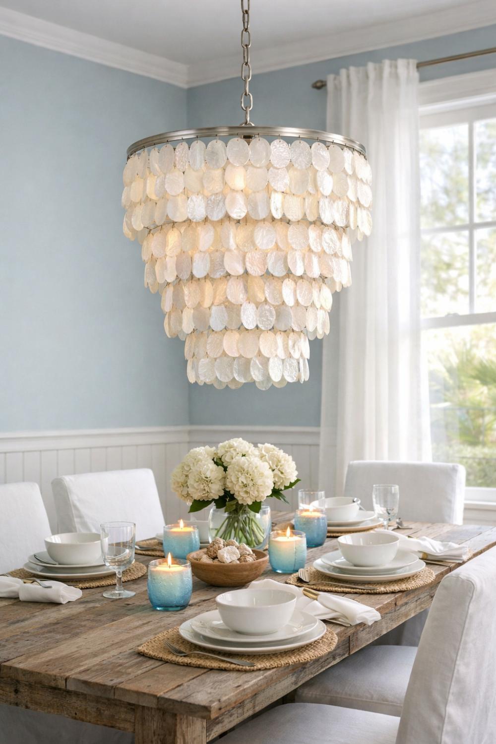 Capiz Shell Chandelier In Coastal Dining Room