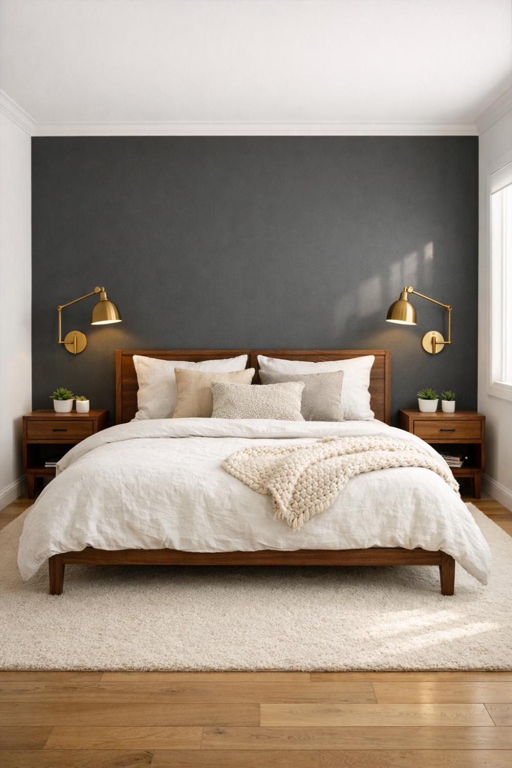 Charcoal Gray Accent Wall Bedroom With White Bedding