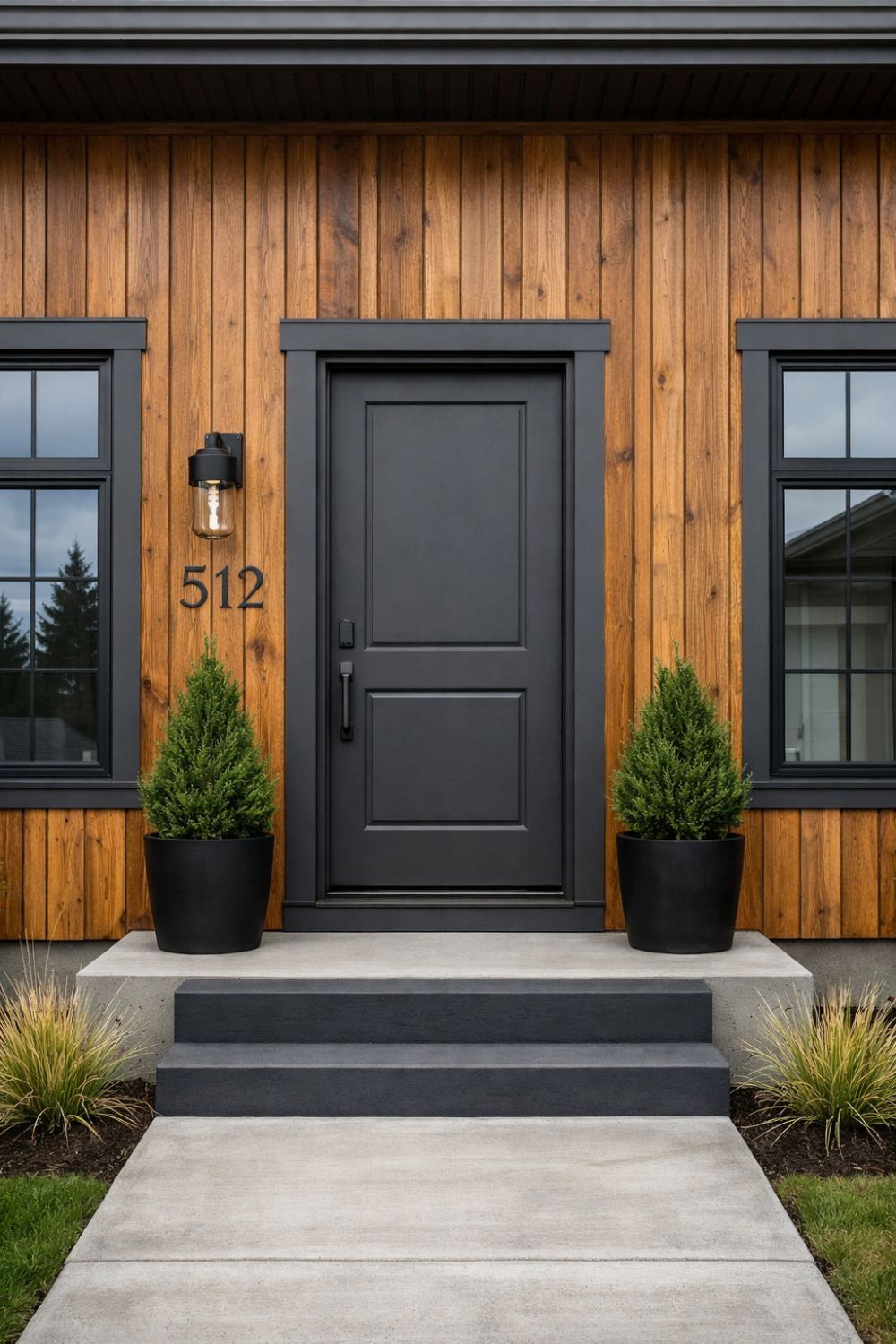 Charcoal Gray Front Door On Cedar Siding Modern Farmhouse