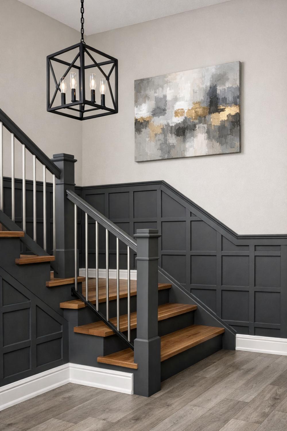 Charcoal Gray Geometric Grid Wainscoting For Transitional Stairs