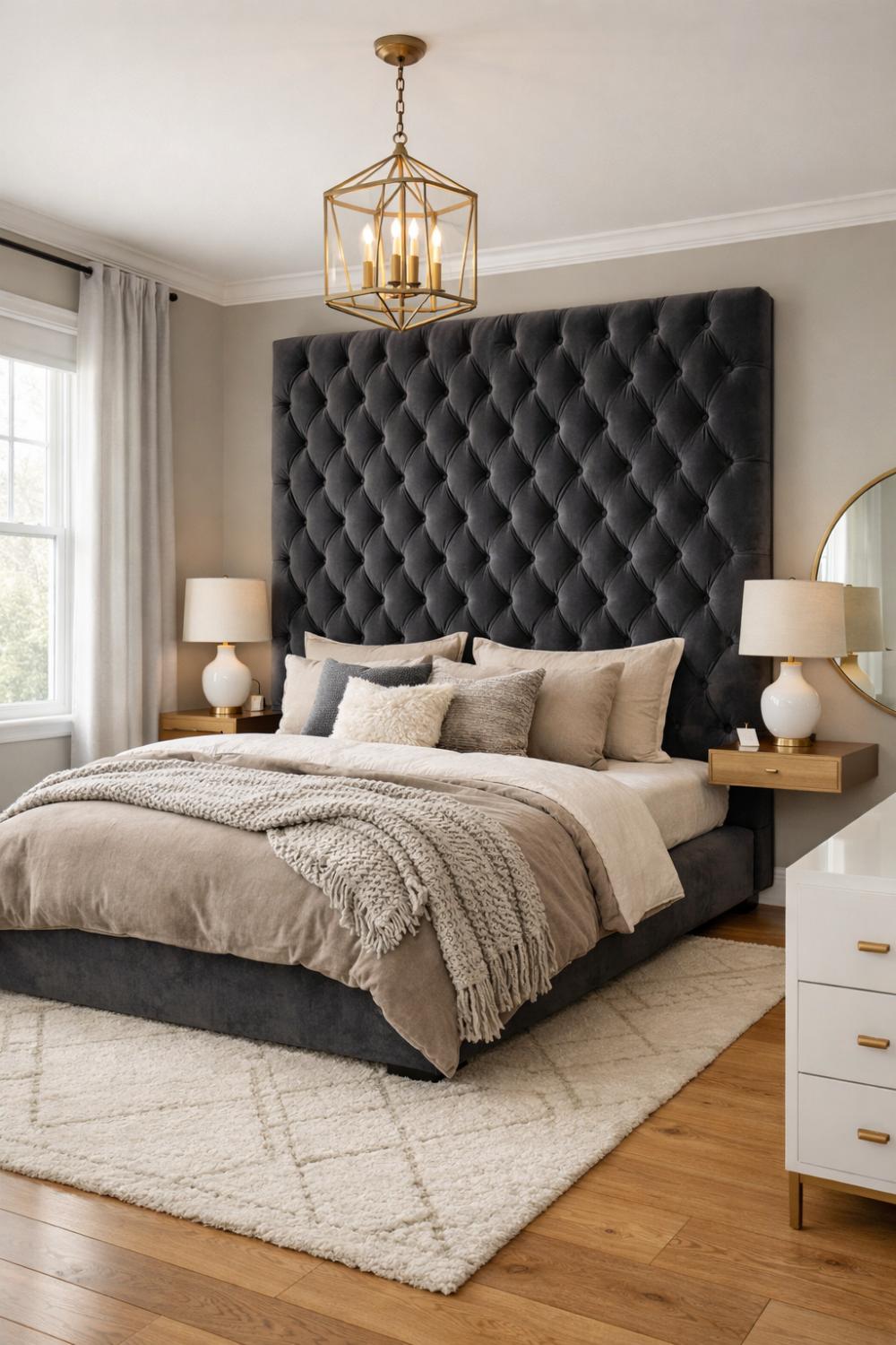 Charcoal Velvet Headboard Neutral Bedroom Moody Elegant Design
