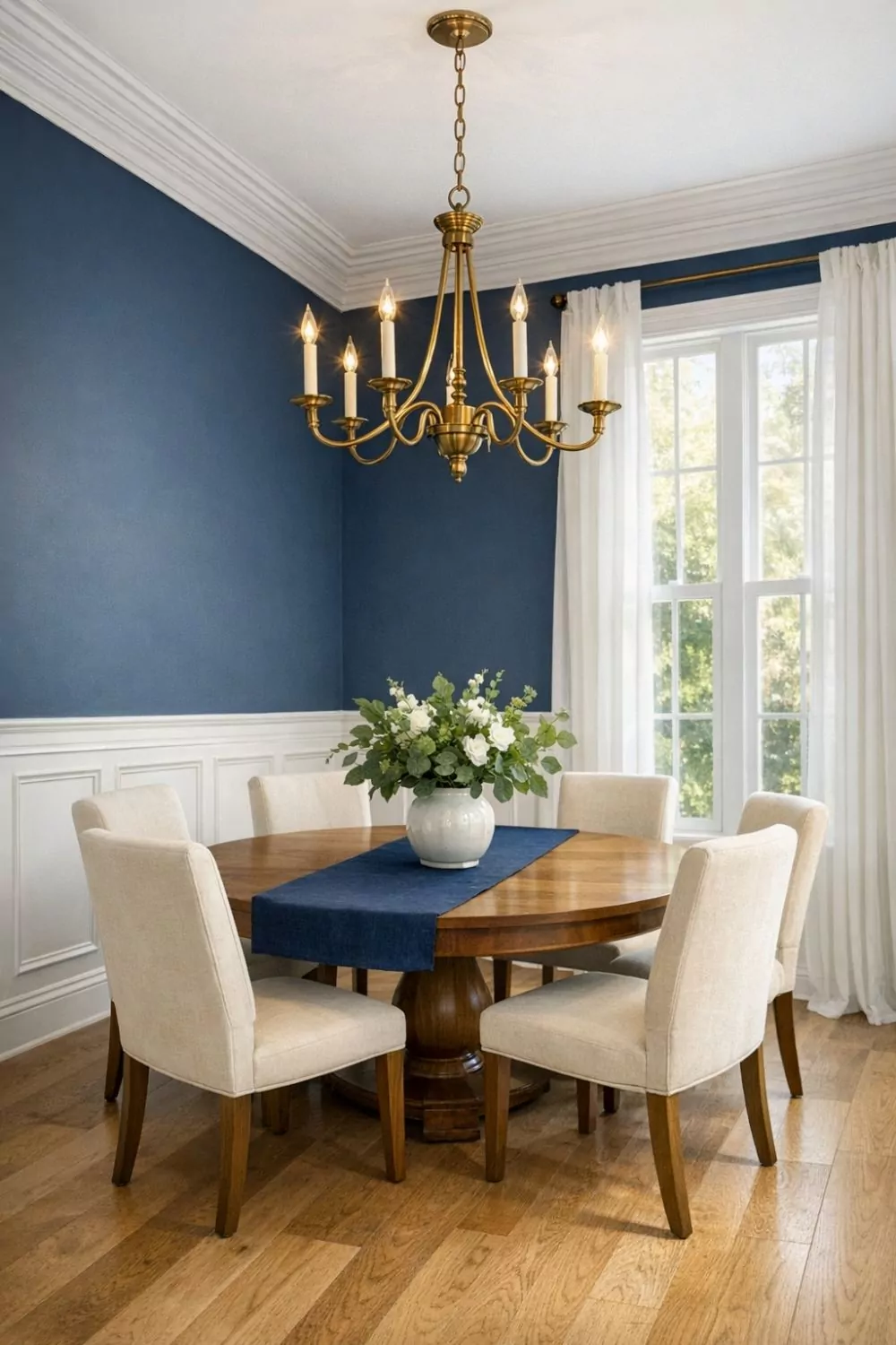 Classic White Wainscoting With Colorful Upper Walls In Dining Room