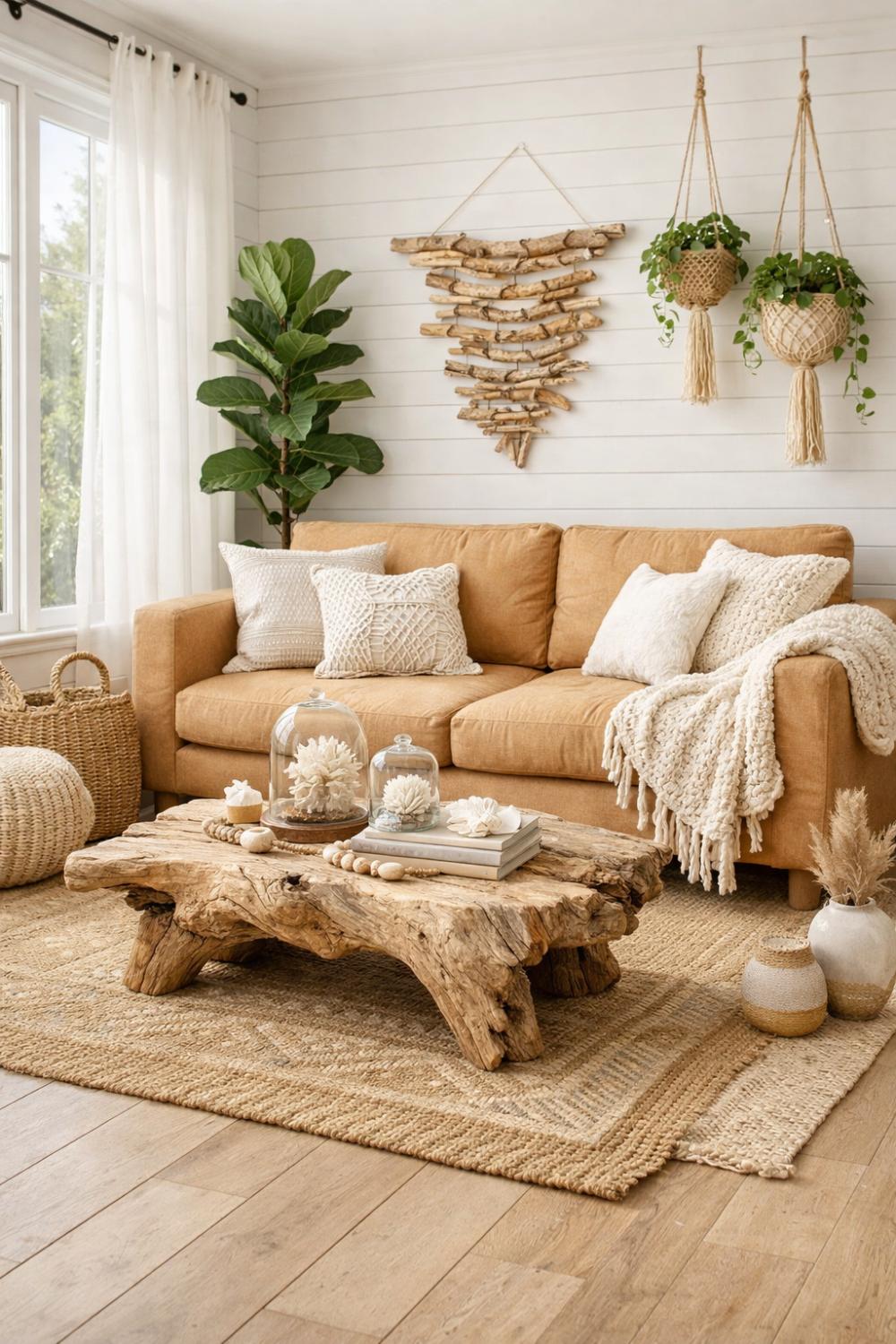Coastal Boho Tan Sofa With Jute Rug And Rattan Accents