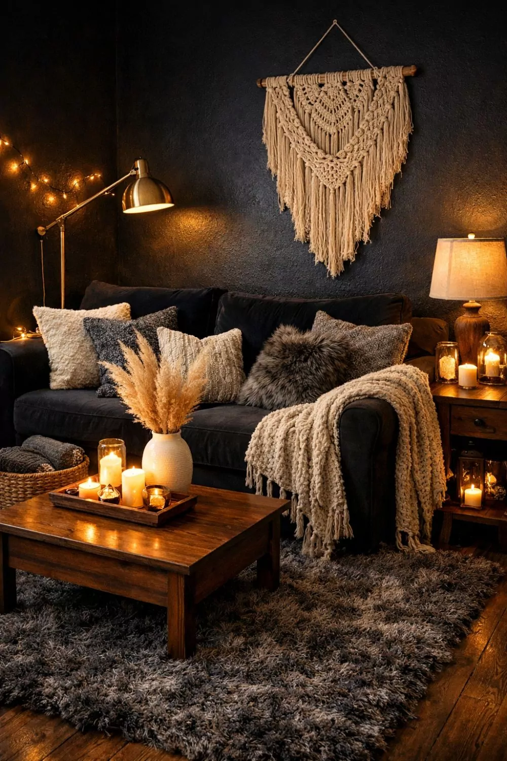Cozy Black Walls Living Room With Layered Textures