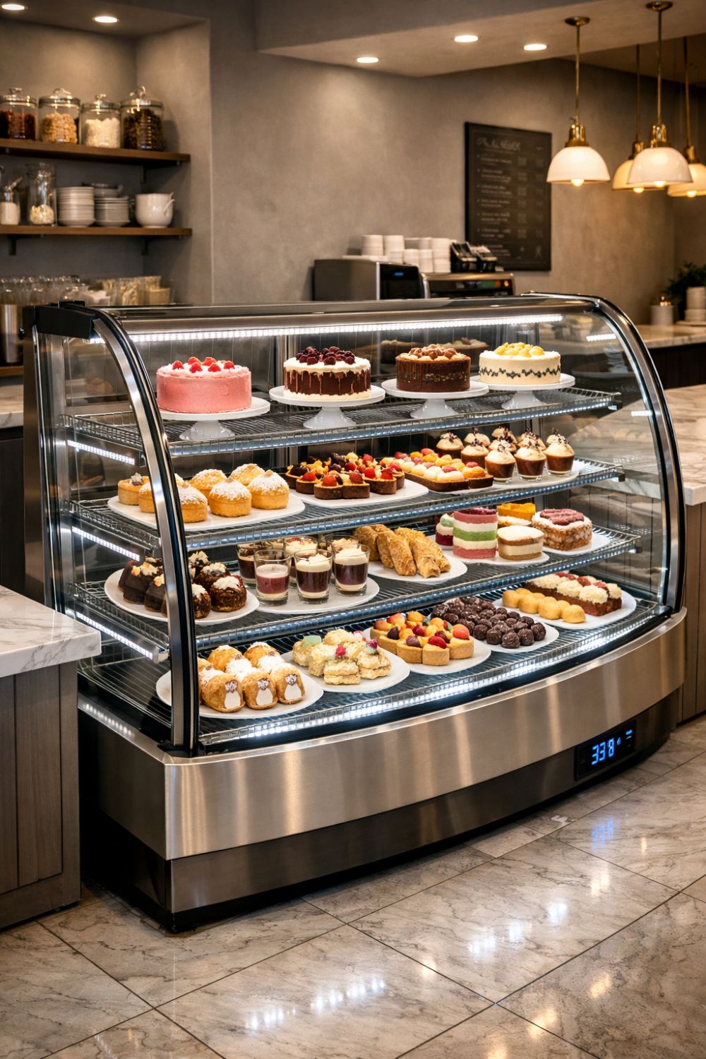 Curved Glass Bakery Display Case With LED Lighting Design