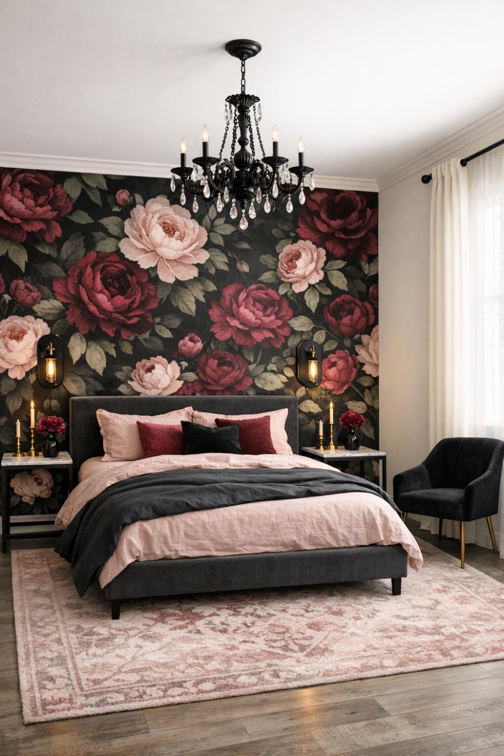 Dark Floral Wallpaper Accent Wall Moody Bedroom Design