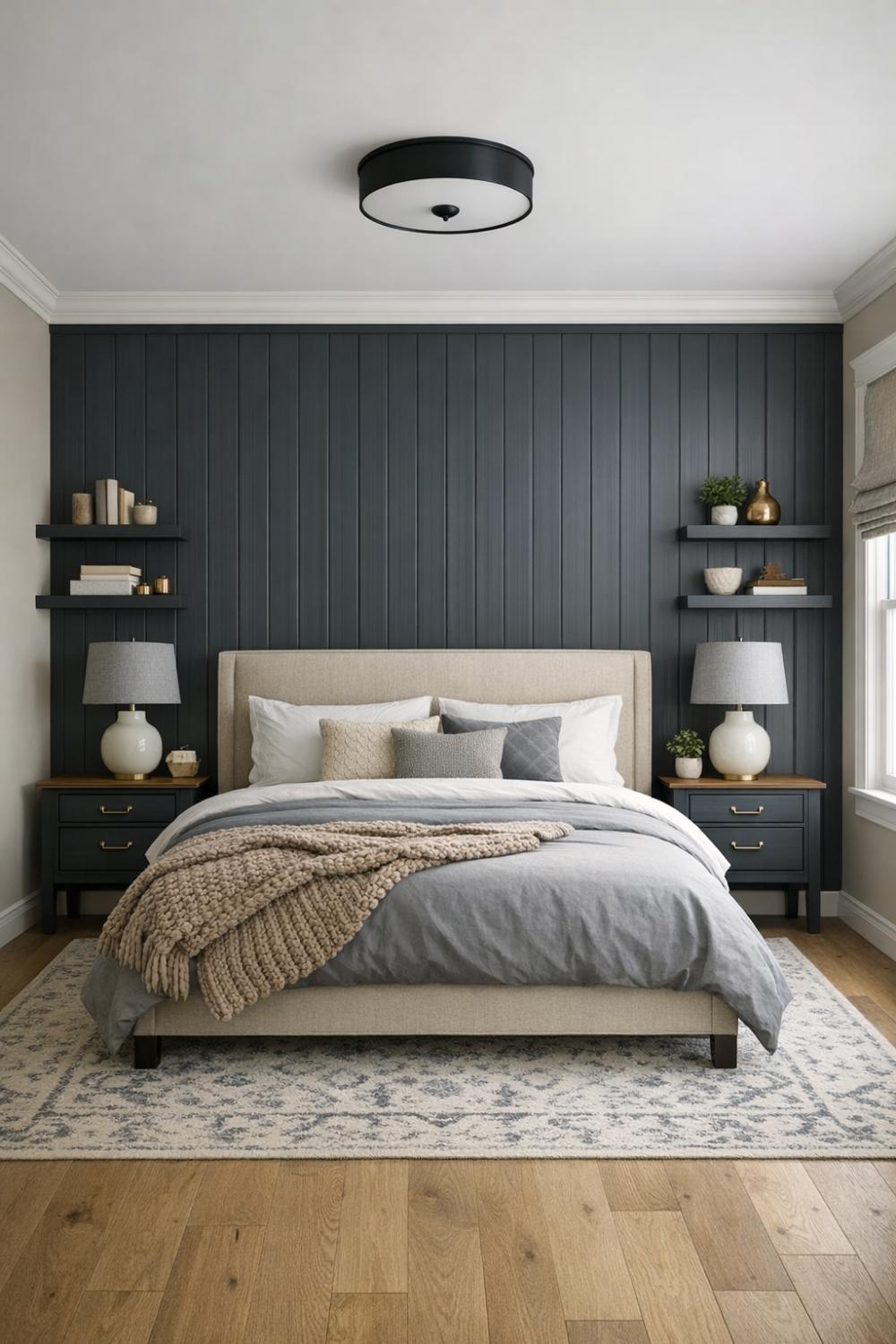 Dark Gray Wood Paneling Bedroom Wainscoting Moody Traditional Design