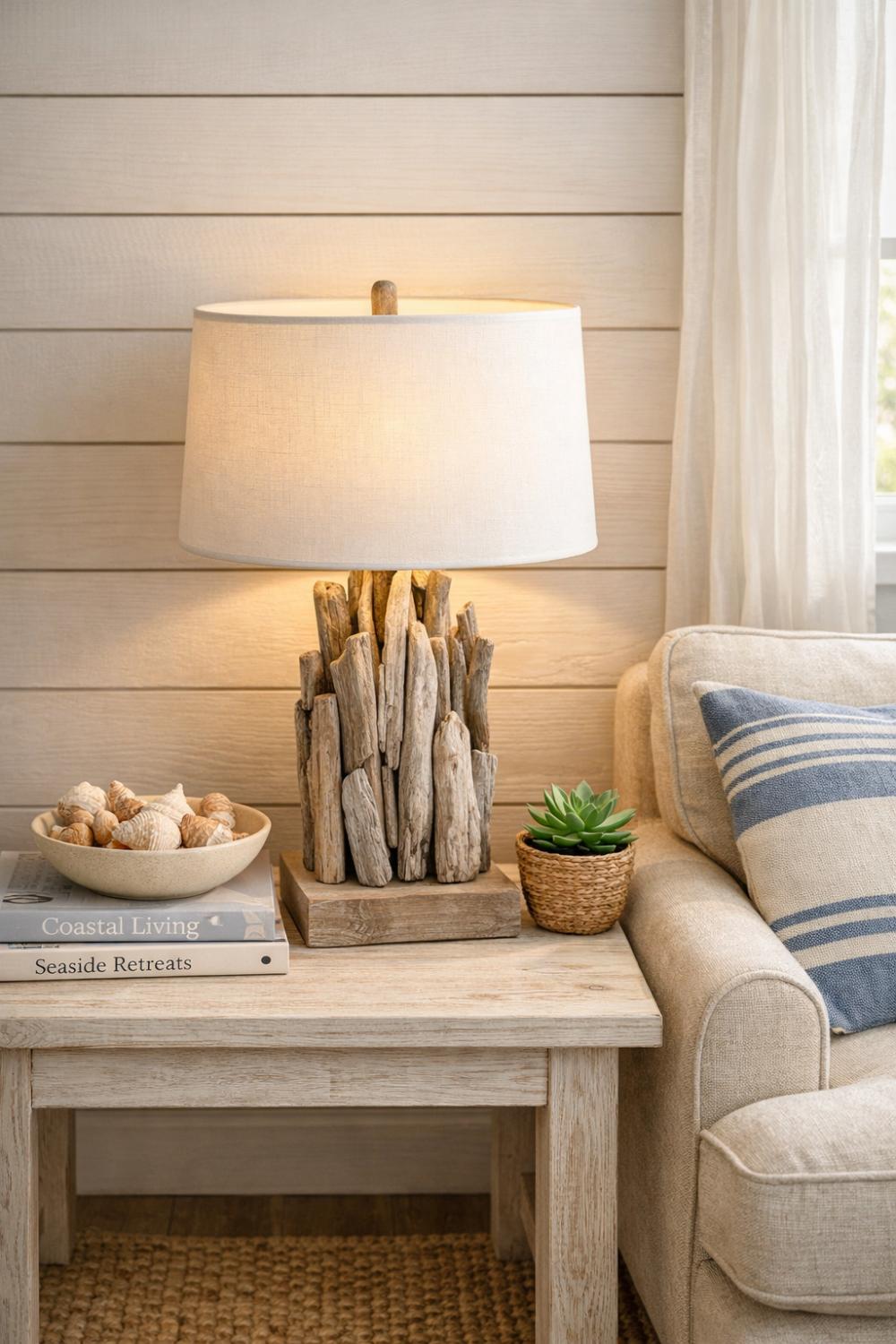 Driftwood Table Lamp On Coastal Living Room Side Table