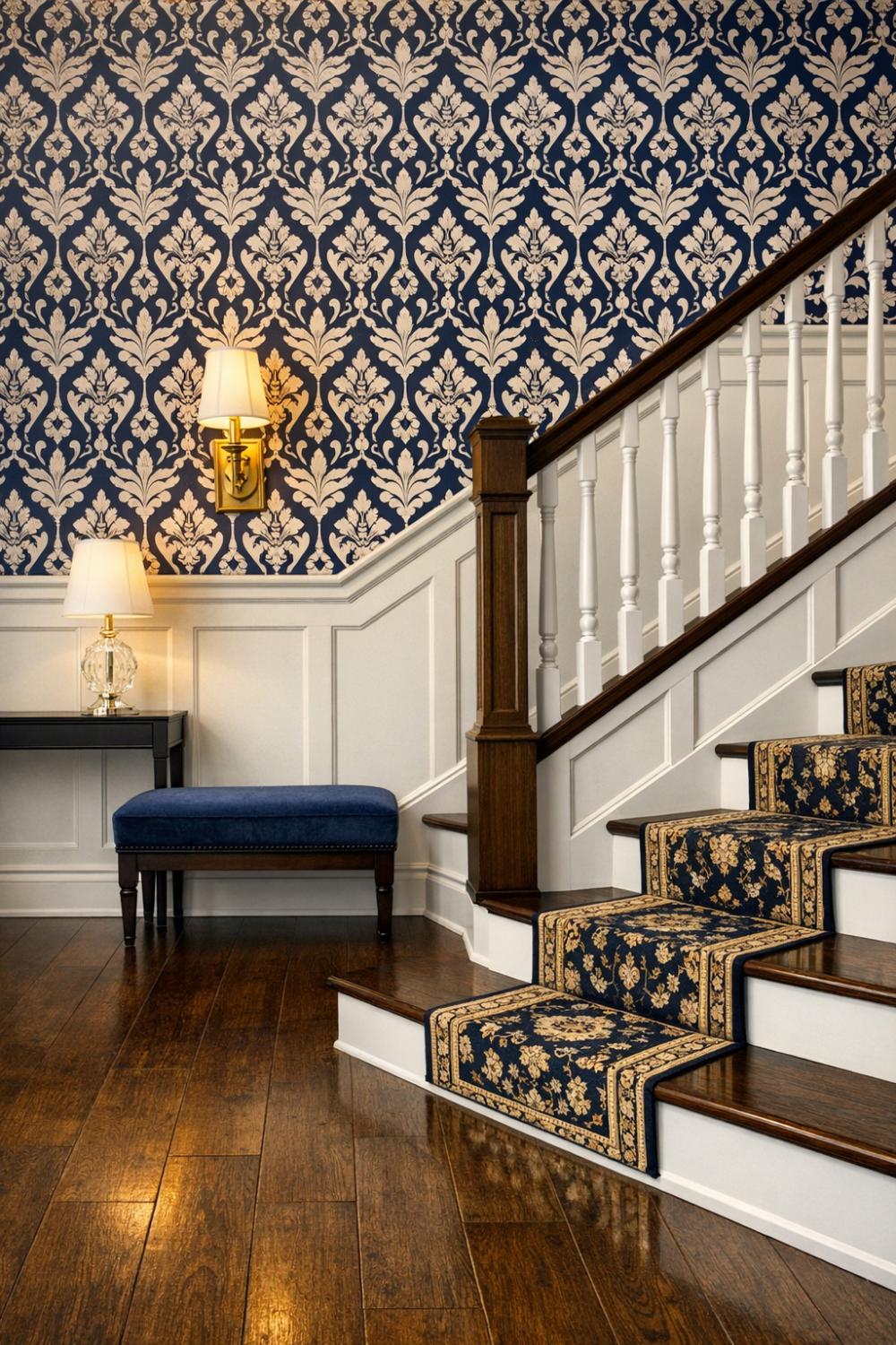 Elegant Flush Panel Wainscoting Stairs With Wallpaper Accent