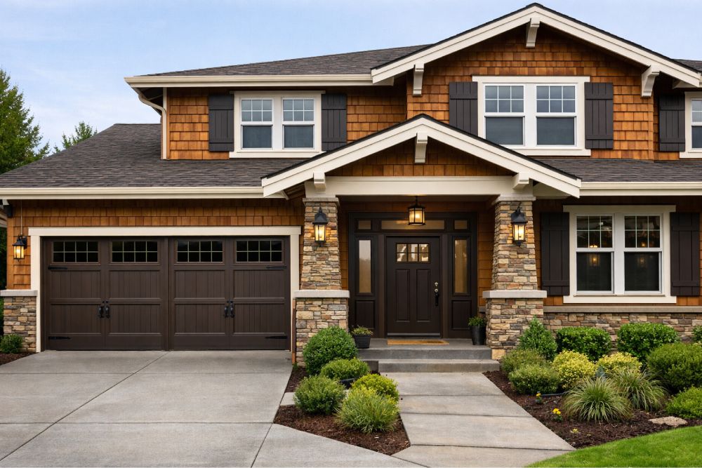 Espresso Brown Garage Door Cedar Siding Craftsman Home