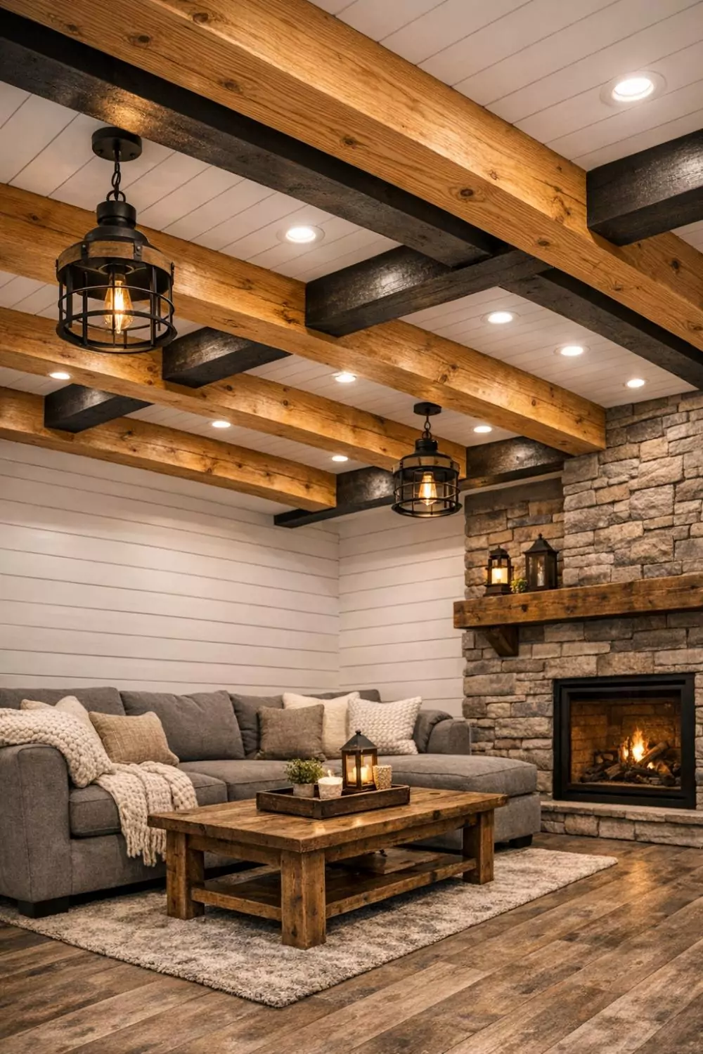 Exposed Wood Beam Ceiling With Black Accents Farmhouse Basement