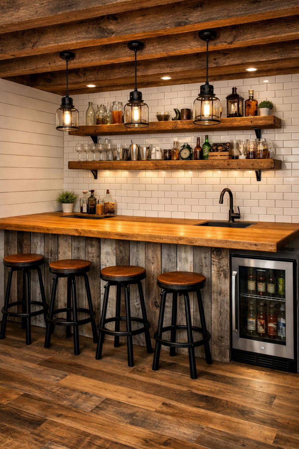 Farmhouse Basement Bar With Butcher Block Counter And Shelving
