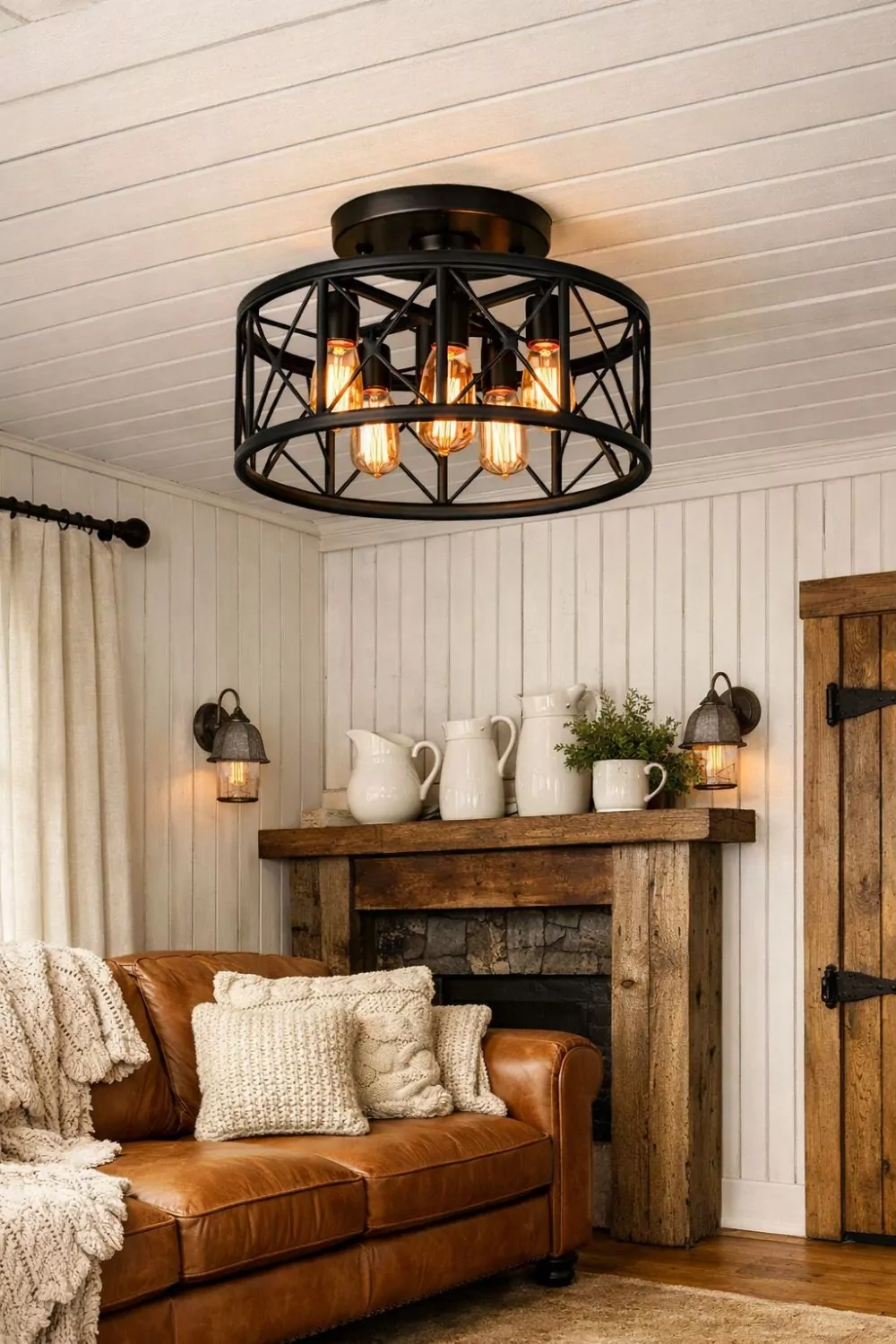 Farmhouse Cage Ceiling Light With Edison Bulbs Living Room