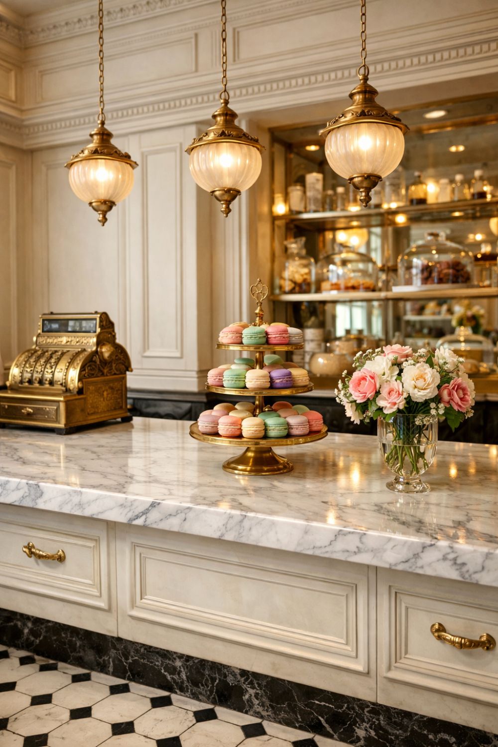 French Bistro Bakery With Marble Countertops And Gold Fixtures