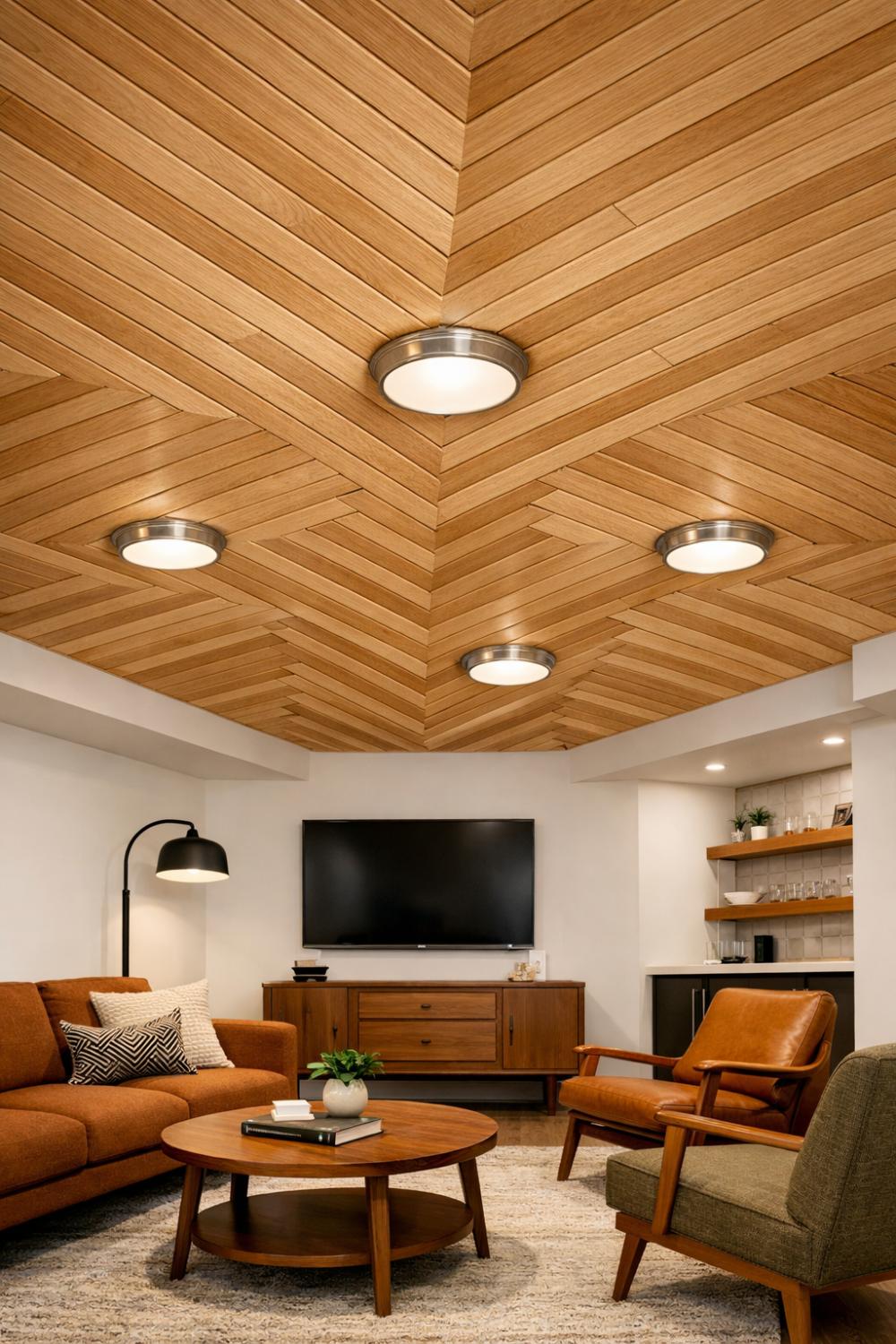 Herringbone Wood Pattern Ceiling Low Basement Design