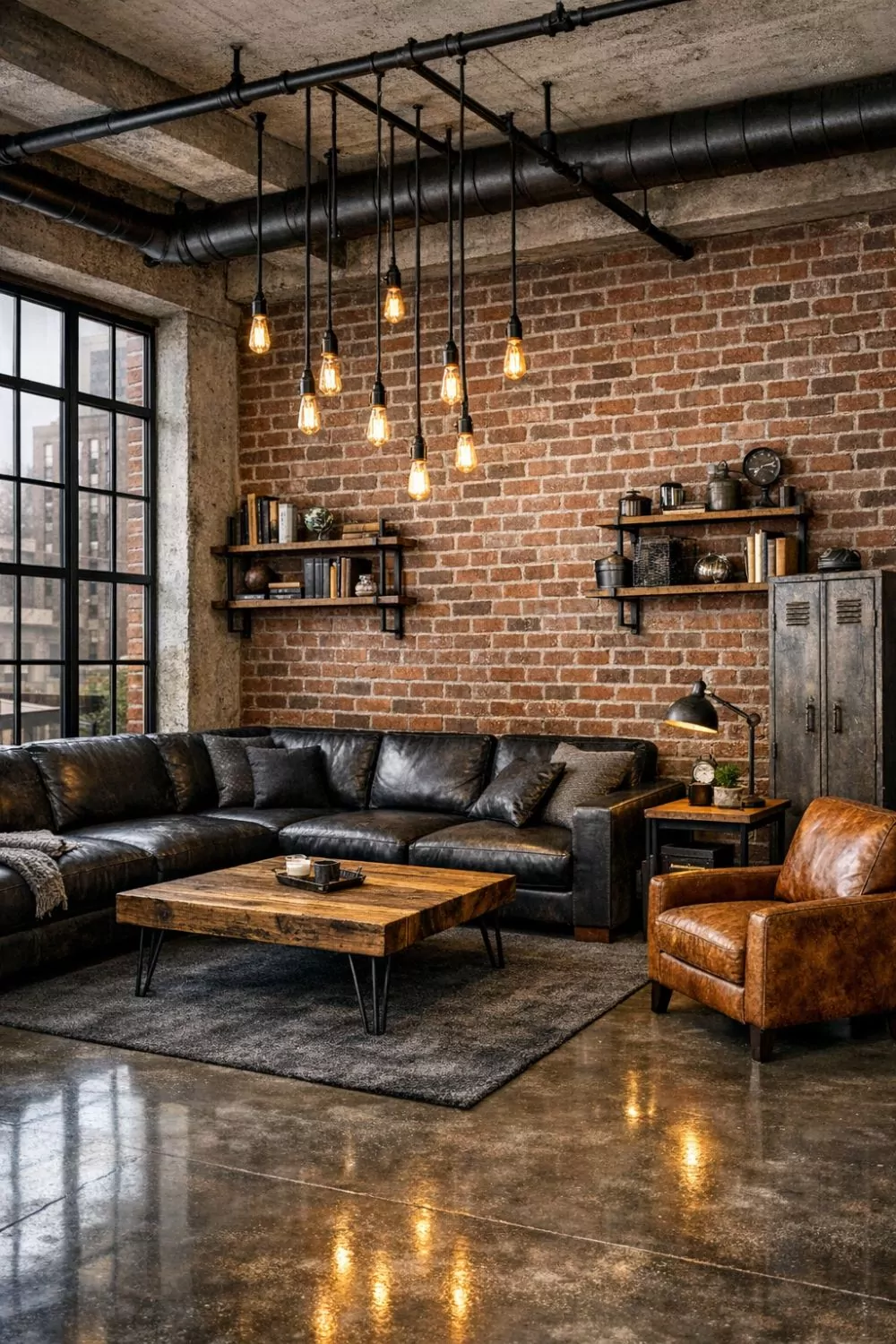 Industrial Black Leather Sectional With Brick Wall