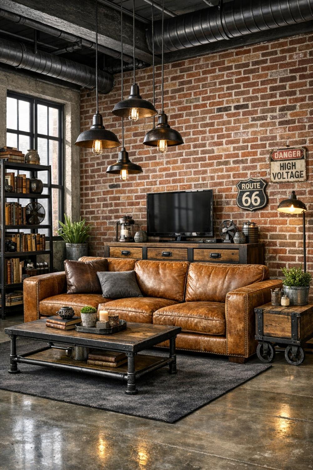 Industrial Loft Tan Leather Sofa With Exposed Brick Wall