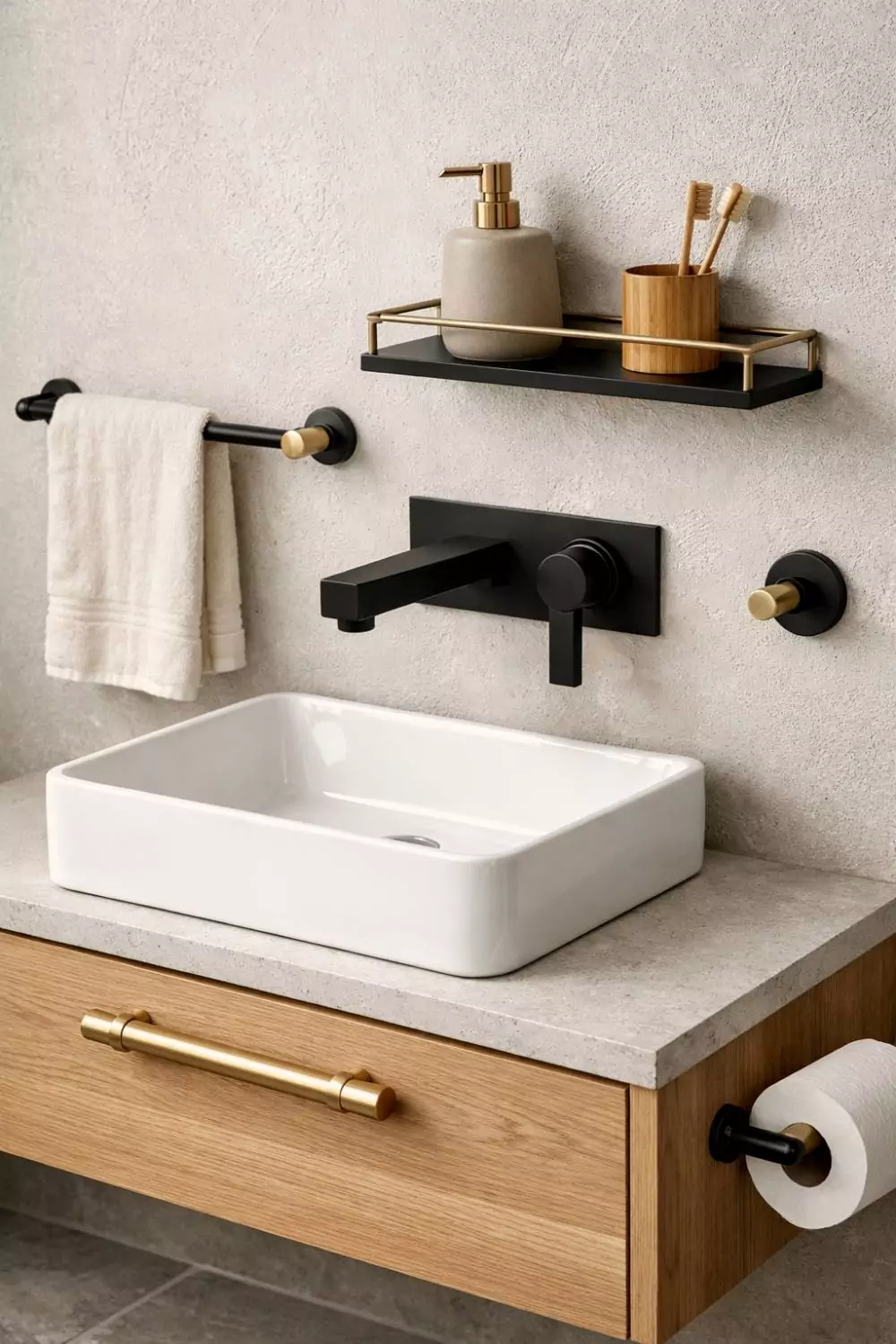 Matte Black Bathroom Fixtures With Brass Hardware Japandi Design