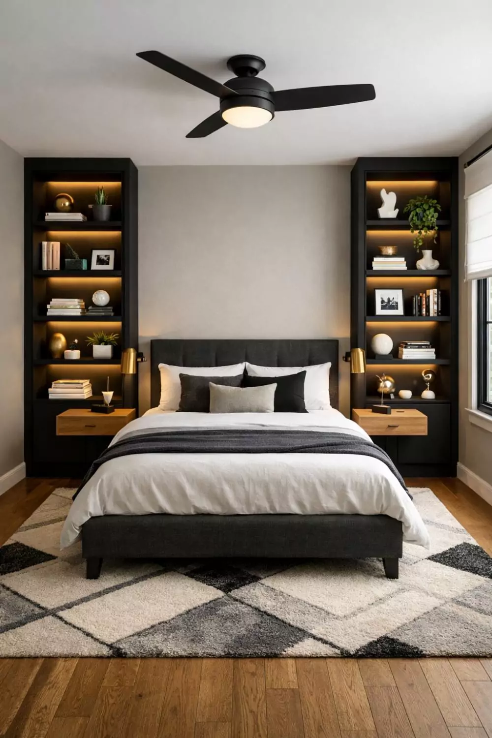 Matte Black Built In Shelving Bedroom Warm LED Lighting