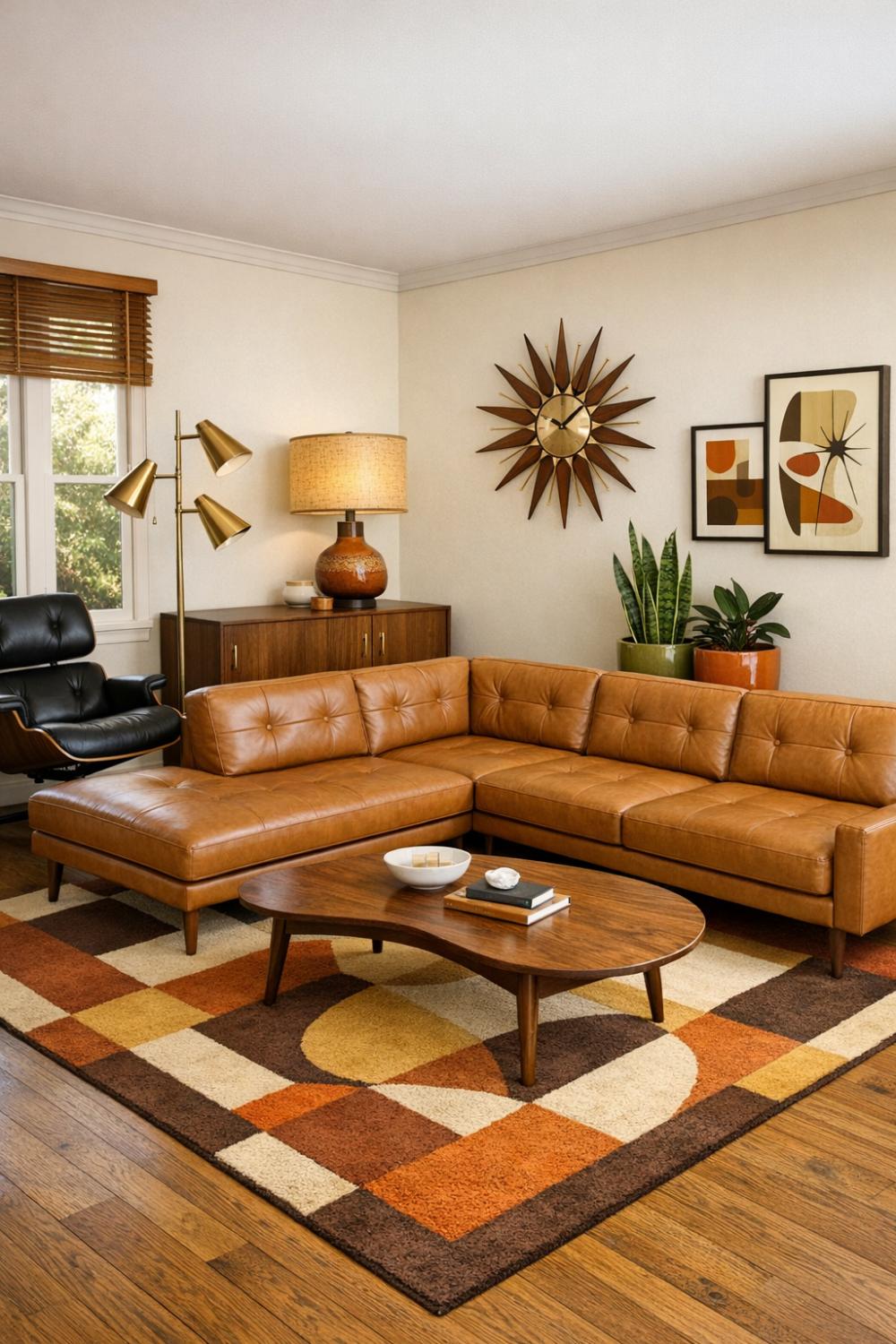 Mid Century Modern Tan Leather Sectional With Walnut Wood