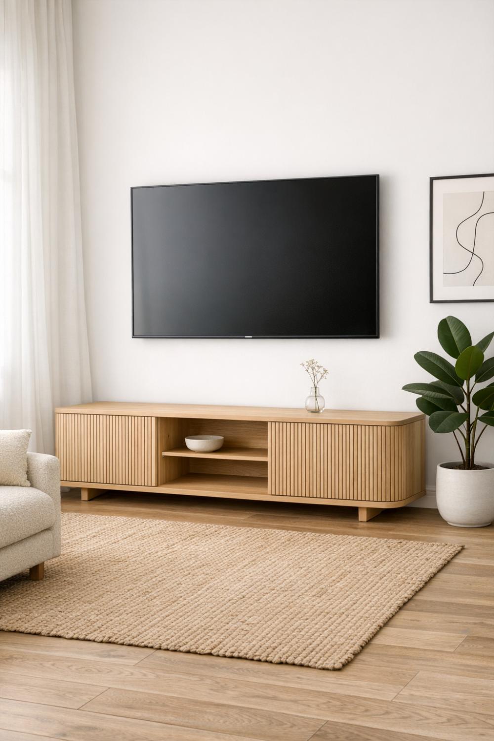 Minimalist Boho TV Stand With Tambour Slatted Sliding Doors