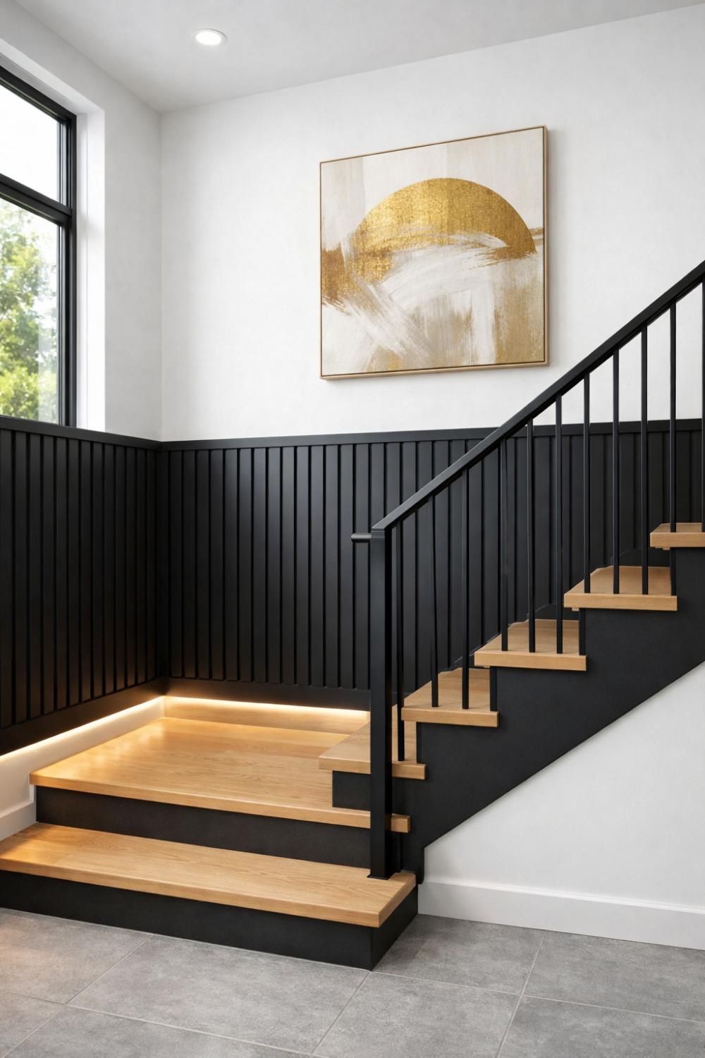 Modern Black Vertical Slat Wainscoting For Contemporary Stairs