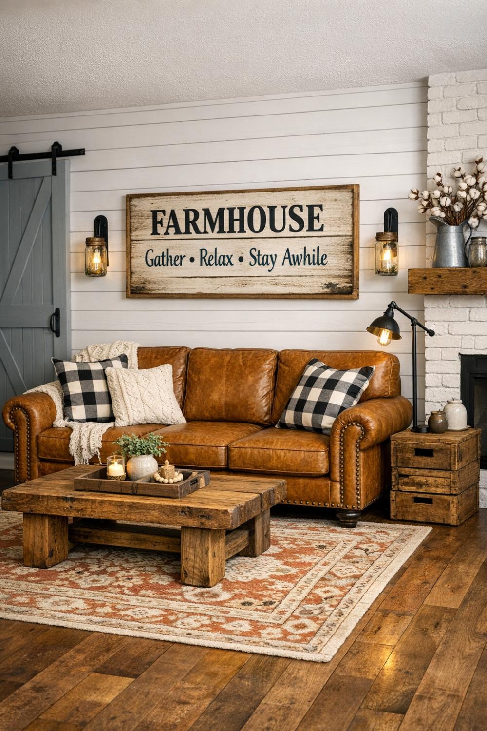 Modern Farmhouse Tan Leather Sofa With White Shiplap Wall