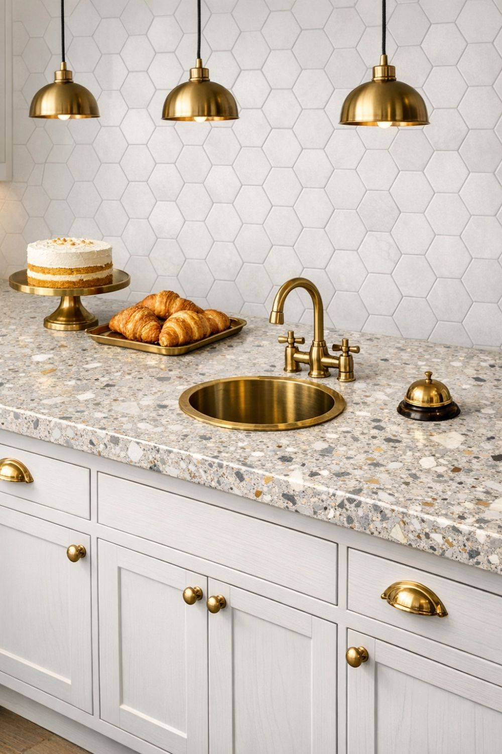 Modern Terrazzo Bakery Counter With Brass Hardware Details