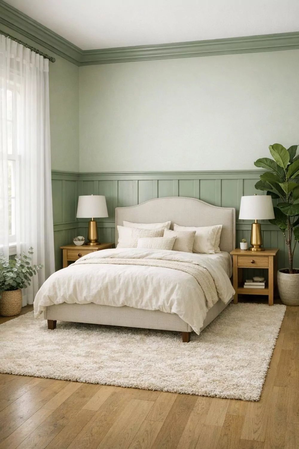 Monochromatic Sage Green Painted Wainscoting In Bedroom