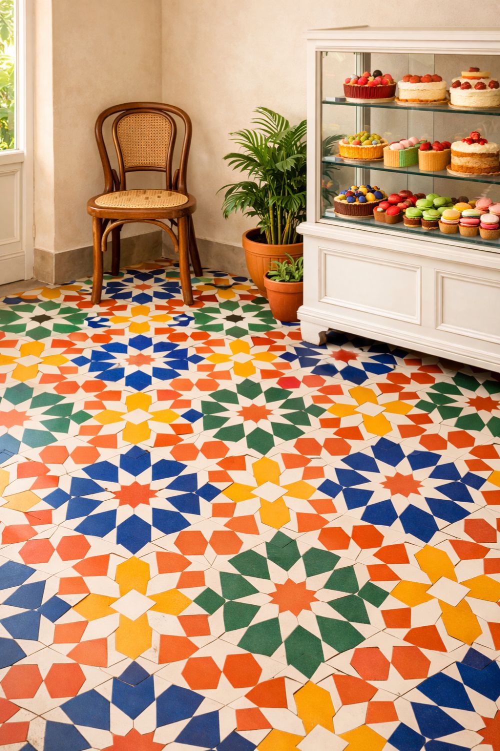 Moroccan Tile Bakery Floor With Neutral Walls And Display