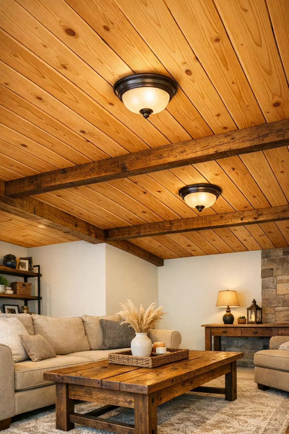 Natural Wood Tongue And Groove Ceiling Low Basement