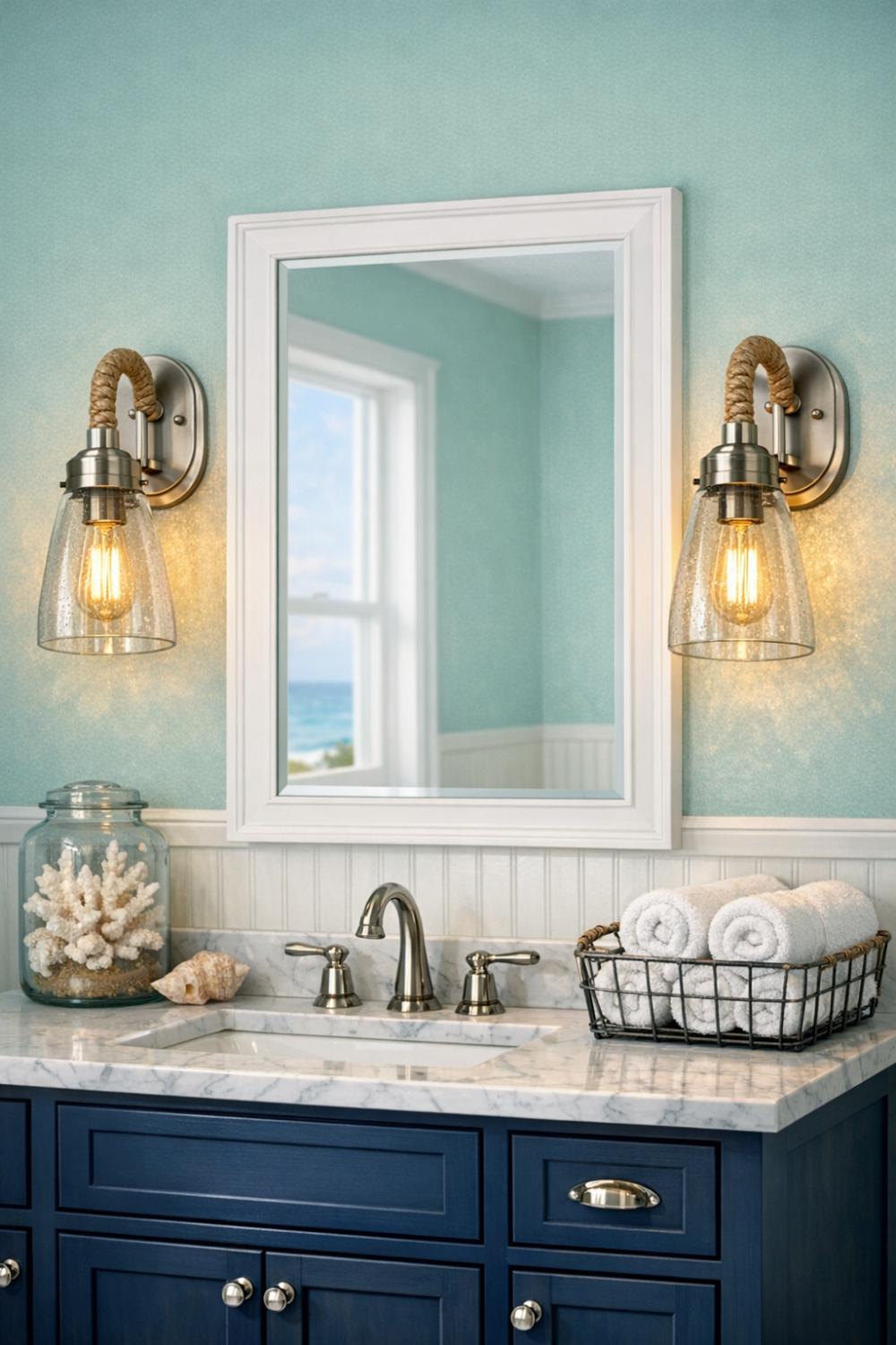 Nautical Rope Wall Sconces In Coastal Bathroom