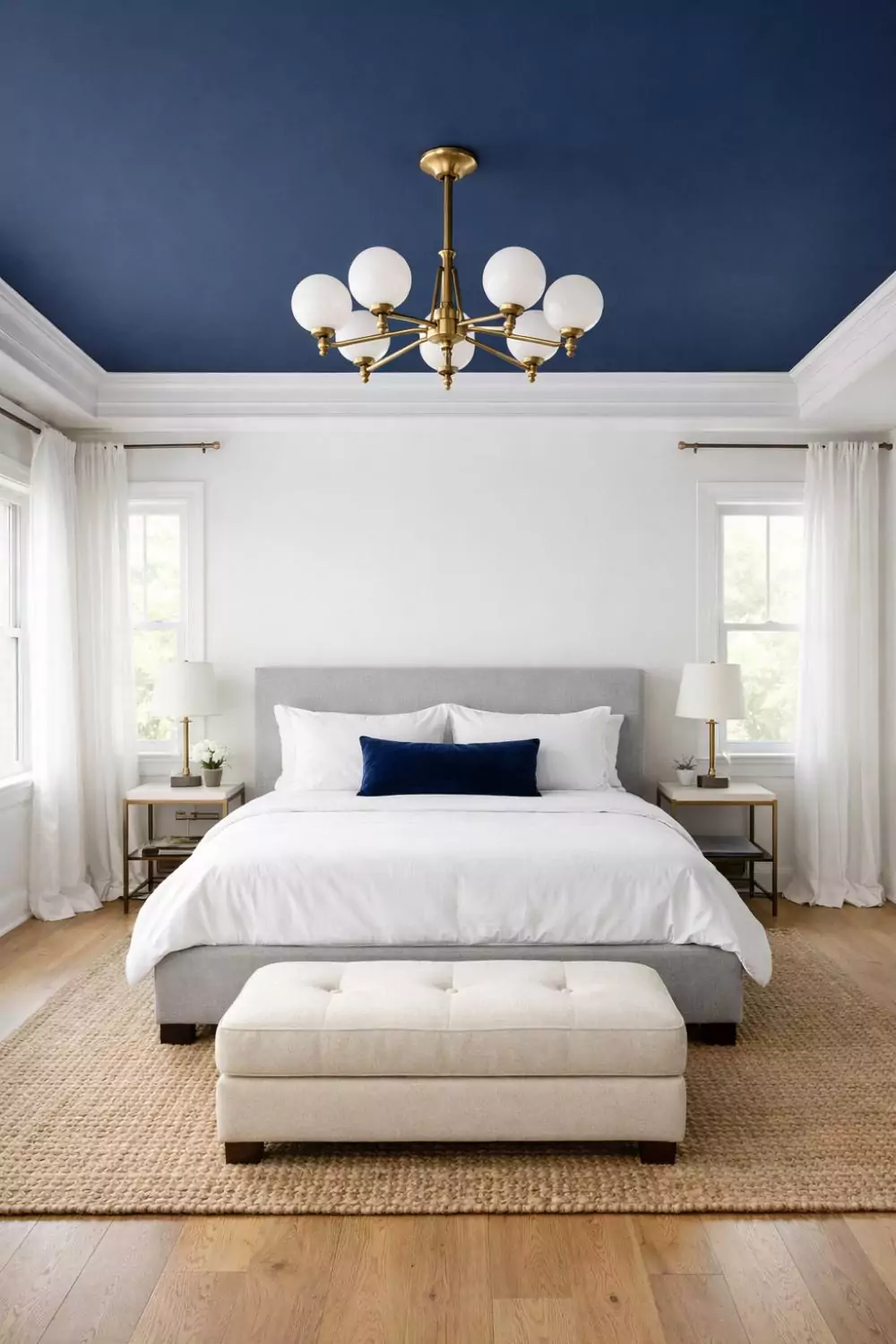 Navy Blue Ceiling Bedroom With White Walls And Natural Light