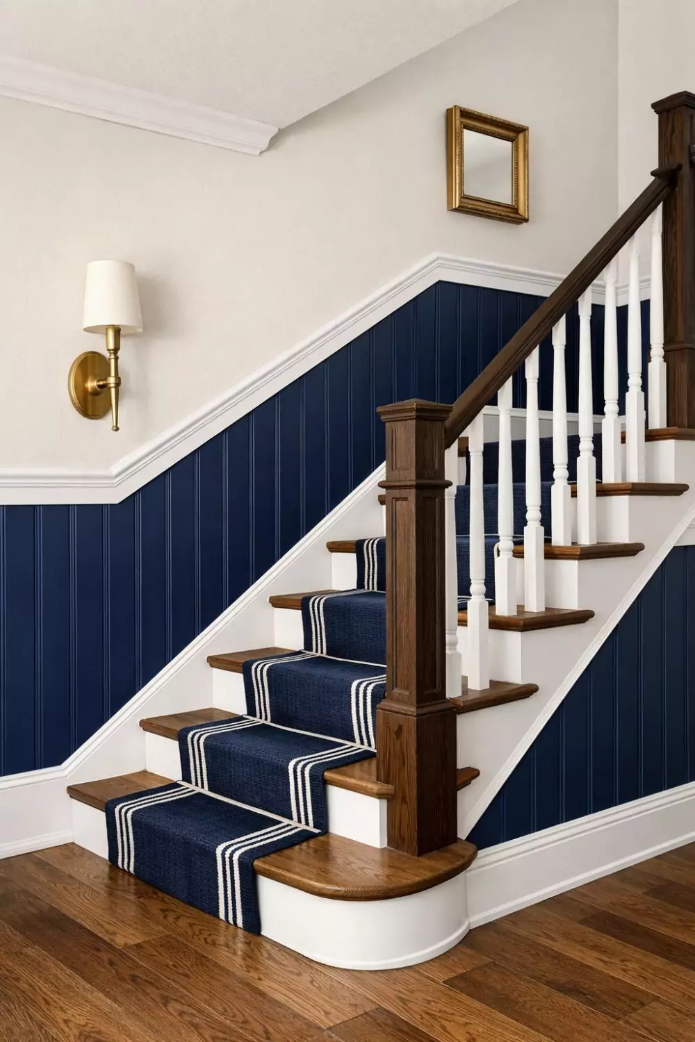 Navy Blue Two Tone Wainscoting Stairs With White Trim Accents